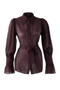 TRENDYOLMİLLA Brown Binding Detailed Lightly Transparent Soft Feeling Boho Shirt - Image 5