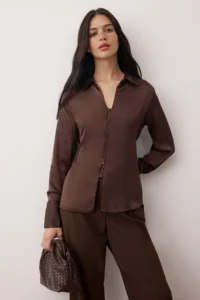 TRENDYOLMİLLA Dark Brown Satin Button Detailed Draped Regular Pattern Shirt