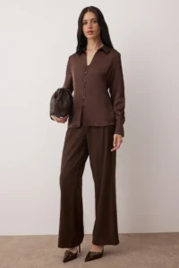 TRENDYOLMİLLA Dark Brown Satin Button Detailed Draped Regular Pattern Shirt - Image 2