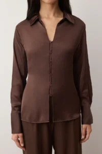 TRENDYOLMİLLA Dark Brown Satin Button Detailed Draped Regular Pattern Shirt - Image 3