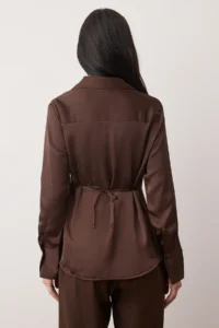 TRENDYOLMİLLA Dark Brown Satin Button Detailed Draped Regular Pattern Shirt - Image 4