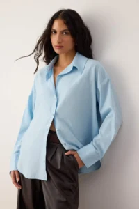 TRENDYOLMİLLA Light Blue Oxford Wide/Oversized Pattern Shirt - Image 2