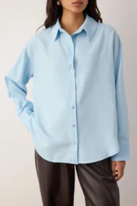 TRENDYOLMİLLA Light Blue Oxford Wide/Oversized Pattern Shirt - Image 3