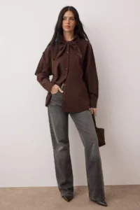 TRENDYOLMİLLA Dark Brown Cotton Collar Bow tied up Wide Pattern Poplin Shirt - Image 2