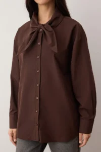 TRENDYOLMİLLA Dark Brown Cotton Collar Bow tied up Wide Pattern Poplin Shirt - Image 3
