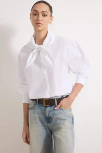 TRENDYOLMİLLA White Cotton Collar Bow tied up Wide Pattern Poplin Shirt - Image 2