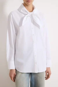 TRENDYOLMİLLA White Cotton Collar Bow tied up Wide Pattern Poplin Shirt - Image 3