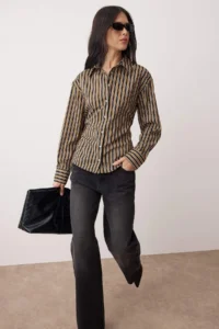 TRENDYOLMİLLA Mustard Striped Beli Ayarlanabilir Weaving Shirt - Image 2