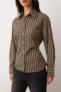 TRENDYOLMİLLA Mustard Striped Beli Ayarlanabilir Weaving Shirt - Image 3