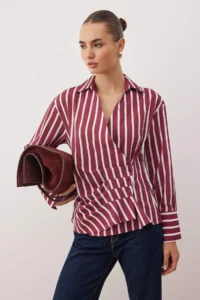 TRENDYOLMİLLA Burgundy-Multicolored Striped Pleated Detailed Shirt