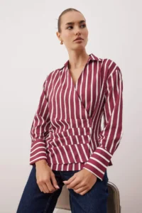 TRENDYOLMİLLA Burgundy-Multicolored Striped Pleated Detailed Shirt - Image 2