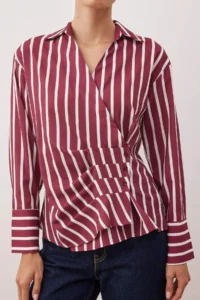 TRENDYOLMİLLA Burgundy-Multicolored Striped Pleated Detailed Shirt - Image 3