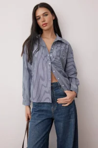 TRENDYOLMİLLA Navy Blue Striped Oversized/Wide Pattern Shirt