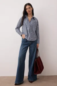 TRENDYOLMİLLA Navy Blue Striped Oversized/Wide Pattern Shirt - Image 2