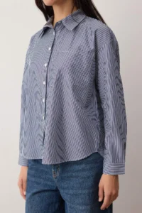 TRENDYOLMİLLA Navy Blue Striped Oversized/Wide Pattern Shirt - Image 3