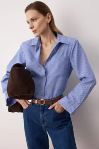 TRENDYOLMİLLA Mavi Checkered padded Wide Cuff Oversized Shirt