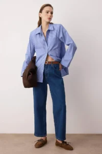 TRENDYOLMİLLA Mavi Checkered padded Wide Cuff Oversized Shirt - Image 2