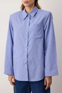 TRENDYOLMİLLA Mavi Checkered padded Wide Cuff Oversized Shirt - Image 3