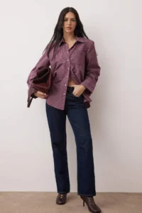 TRENDYOLMİLLA Burgundy-Multicolored Checkered padded Wide Cuff Oversized Shirt - Image 2