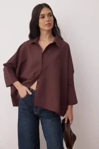 TRENDYOLMİLLA Plum Wide Cuff Oversized Weaving Shirt - Image 2