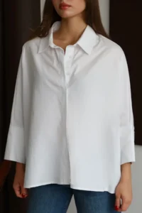 TRENDYOLMİLLA White Wide Cuff Oversized Weaving Shirt - Image 2