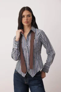 TRENDYOLMİLLA Light Waist-Fitting Shirt with Brown Blue Striped Tie - Image 2