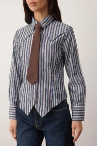 TRENDYOLMİLLA Light Waist-Fitting Shirt with Brown Blue Striped Tie - Image 3