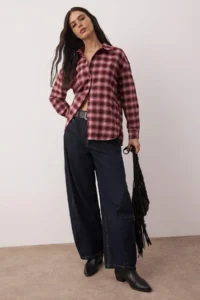 TRENDYOLMİLLA Burgundy-Multicolored Plaid Flannel Oversized/Wide Pattern Shirt - Image 2