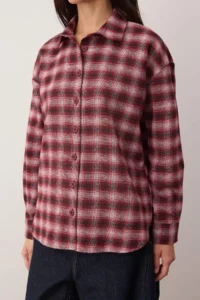 TRENDYOLMİLLA Burgundy-Multicolored Plaid Flannel Oversized/Wide Pattern Shirt - Image 3