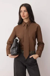TRENDYOLMİLLA Brown Tie Wide Cut Shirt