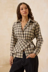 TRENDYOLMİLLA Brown Plaid removable Shawl Detailed Shirt - Image 2