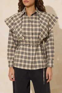 TRENDYOLMİLLA Brown Plaid removable Shawl Detailed Shirt - Image 3