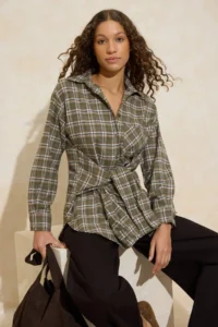 TRENDYOLMİLLA Green Checkered Tie Waist Flannel Shirt