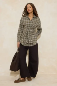 TRENDYOLMİLLA Green Checkered Tie Waist Flannel Shirt - Image 2