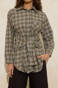 TRENDYOLMİLLA Green Checkered Tie Waist Flannel Shirt - Image 3