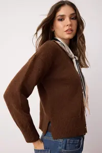 TRENDYOLMİLLA More Sustainable Brown Alpaca Wool Blend Premium/Special Yarn Knitwear Cardigan | - Image 3
