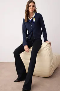 TRENDYOLMİLLA Wardrobe Essentials Navy Blue Button Detailed Cotton Basic Knitwear Cardigan | - Image 2