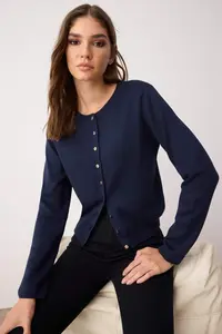 TRENDYOLMİLLA Wardrobe Essentials Navy Blue Button Detailed Cotton Basic Knitwear Cardigan | - Image 3