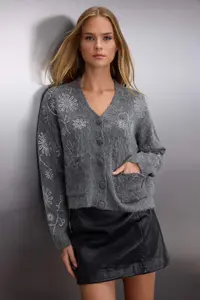 TRENDYOLMİLLA Dark Gray Soft textured Wide Pattern Stone Embroidered Knitwear Cardigan