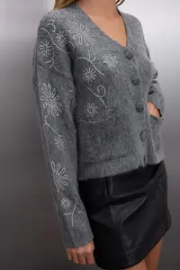 TRENDYOLMİLLA Dark Gray Soft textured Wide Pattern Stone Embroidered Knitwear Cardigan - Image 3