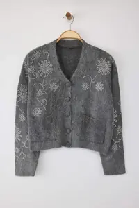 TRENDYOLMİLLA Dark Gray Soft textured Wide Pattern Stone Embroidered Knitwear Cardigan - Image 5