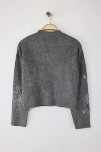 TRENDYOLMİLLA Dark Gray Soft textured Wide Pattern Stone Embroidered Knitwear Cardigan - Image 7