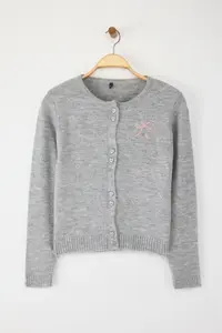 TRENDYOLMİLLA Teen Gray Heart Button Detailed Ribbon Embroidered Soft textured Knitwear Cardigan - Image 5
