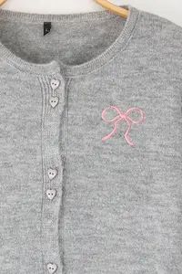 TRENDYOLMİLLA Teen Gray Heart Button Detailed Ribbon Embroidered Soft textured Knitwear Cardigan - Image 6