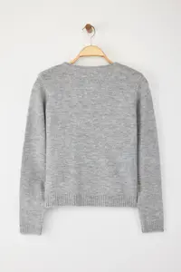TRENDYOLMİLLA Teen Gray Heart Button Detailed Ribbon Embroidered Soft textured Knitwear Cardigan - Image 7