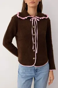 TRENDYOLMİLLA Brown Soft textured Garni Detailed Wide Pattern Coat Look Knitwear Cardigan - Image 3