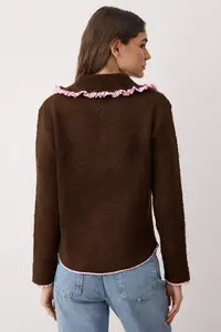 TRENDYOLMİLLA Brown Soft textured Garni Detailed Wide Pattern Coat Look Knitwear Cardigan - Image 4