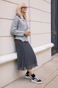 TRENDYOLMİLLA Gray Soft textured Garni Detailed Wide Pattern Coat Look Knitwear Cardigan - Image 2
