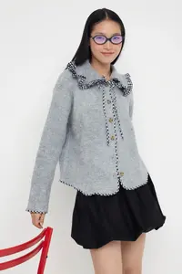 TRENDYOLMİLLA Gray Soft textured Garni Detailed Wide Pattern Coat Look Knitwear Cardigan - Image 3
