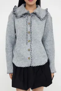 TRENDYOLMİLLA Gray Soft textured Garni Detailed Wide Pattern Coat Look Knitwear Cardigan - Image 5